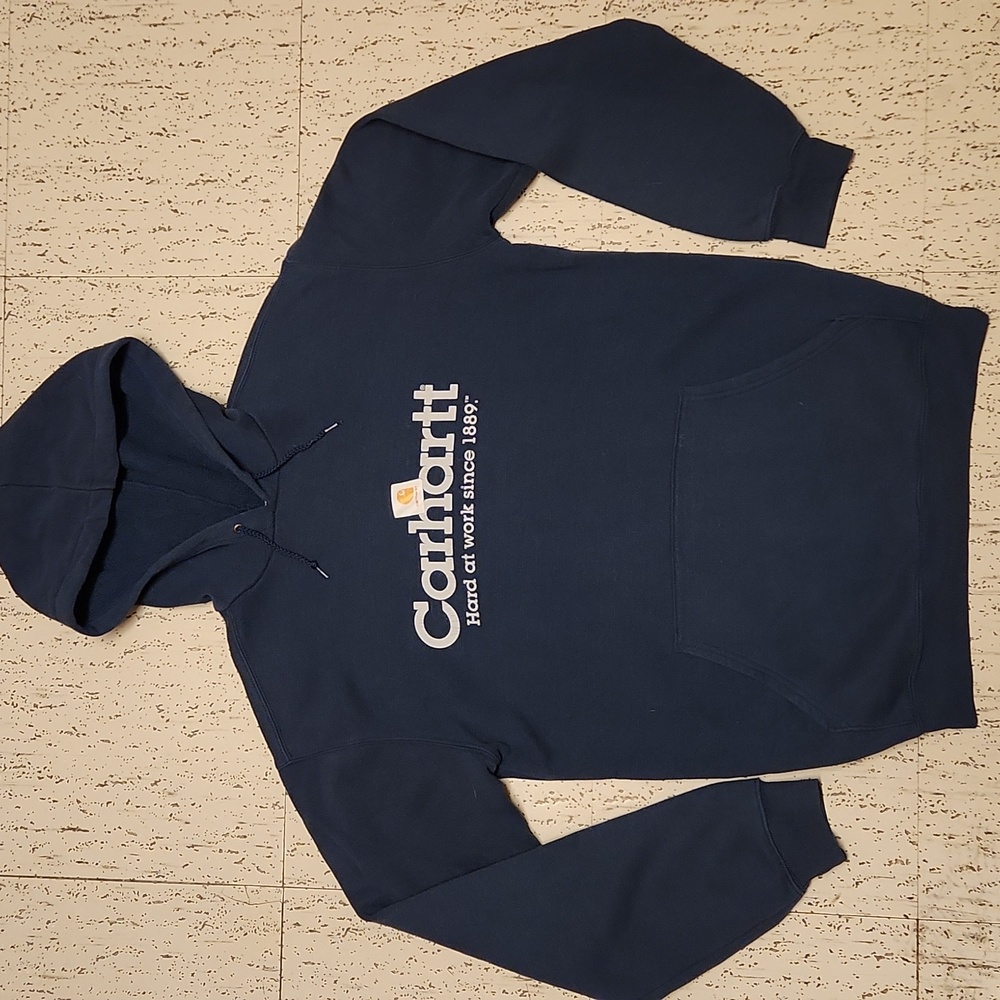 Carhartt Navy Blue Oversized Spell Out Logo Pullover Hoodie Sweater Vintage Y2K